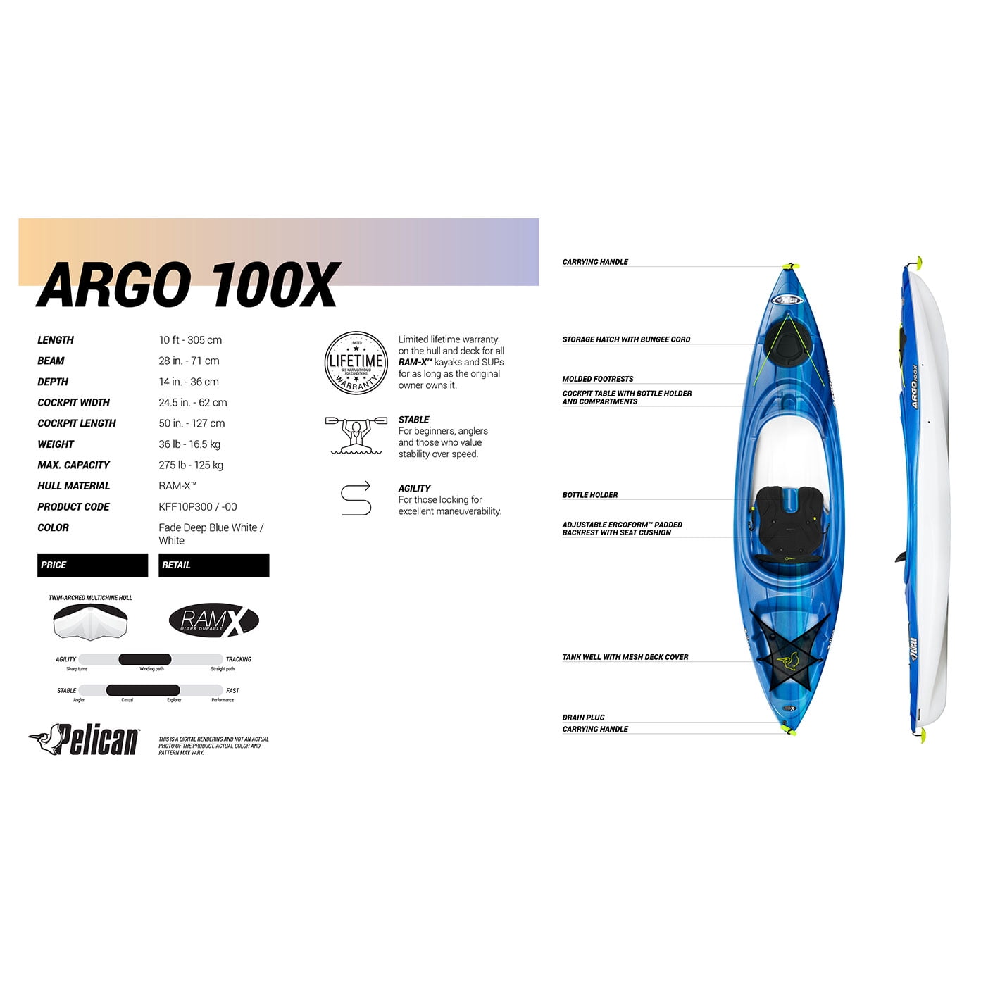 Pelican Argo 100X 10ft Recreational Kayak in Deep Blue