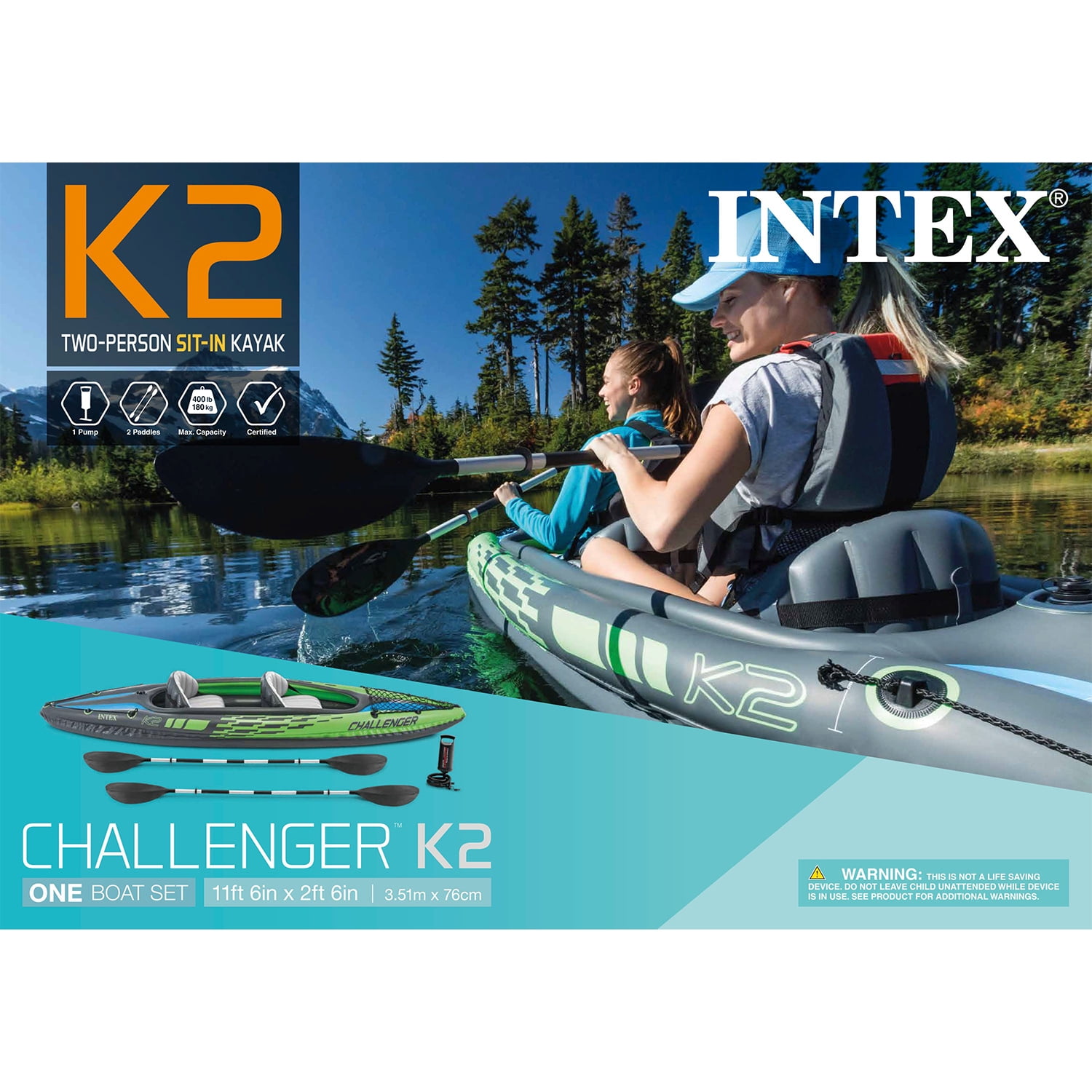Intex Challenger K2 Kayak Bundle: Oars, Pump, Inflatable