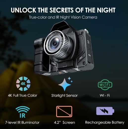 VABSCE 4K Night Vision Camera, Full-Color Night Vision, 4.2" Large Screen Infrared Night Vision, with Long Viewing Range, 10x Zoom, 5G WiFi, Rechargeable Battery, Free 64GB Card