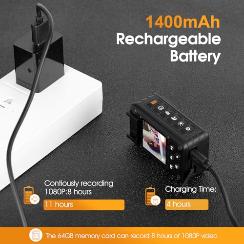 ONCHEER 1080P Body Camera, 64GB Patrol Police Body Worn Camera with Night Vision, Waterproof Wearable Personal Body cam with Shoulder and Waist Clips, 10h record for Law Enforcement/Sporting Trip