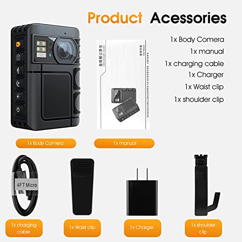 ONCHEER 1080P Body Camera, 64GB Patrol Police Body Worn Camera with Night Vision, Waterproof Wearable Personal Body cam with Shoulder and Waist Clips, 10h record for Law Enforcement/Sporting Trip