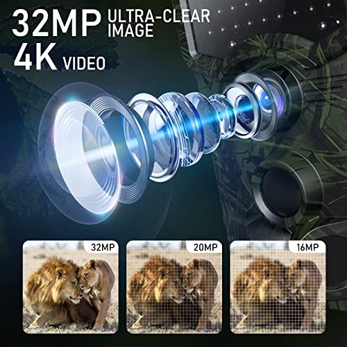 Vikeri 4K 32MP Trail Camera, Game Camera with Night Vision 0.1s Trigger Time Motion Activated 120°Wide Lens, IP66 Hunting Camera with 40pcs No Glow Infrared LED 2.4''LCD for Wildlife Monitoring