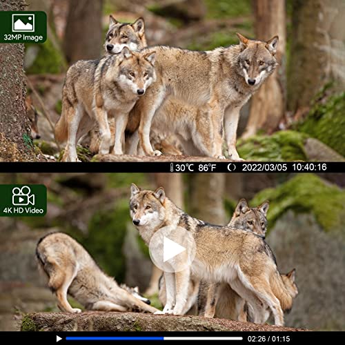 Vikeri 4K 32MP Trail Camera, Game Camera with Night Vision 0.1s Trigger Time Motion Activated 120°Wide Lens, IP66 Hunting Camera with 40pcs No Glow Infrared LED 2.4''LCD for Wildlife Monitoring