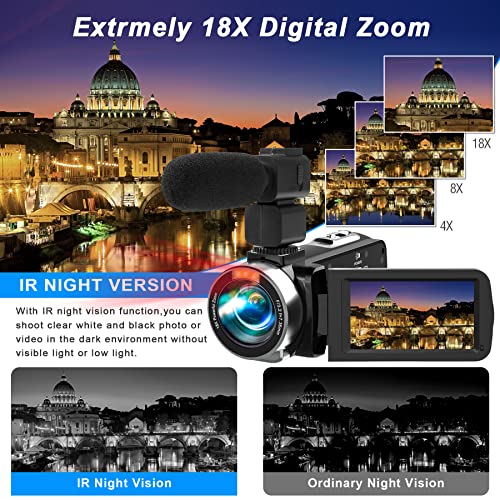 Heegomn Video Camera Camcorder Full HD 4K 60FPS 48MP WiFi IR Night Vision Vlogging Camera for YouTube Digital Camera Recorder 18X Zoom Camcorders with 3.0" Touch Screen,2 Batteries and 32G SD Card
