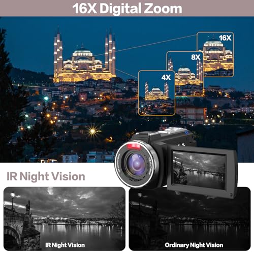CUTELULY Video Camera Camcorder,HD 1080P 30FPS 36MP 270°Degree Rotation,16X Zoom Digital Camera, Night Vision Vlogging Camera for YouTube with External Microphone,Lens Hood, Remote Control, Stabilizer