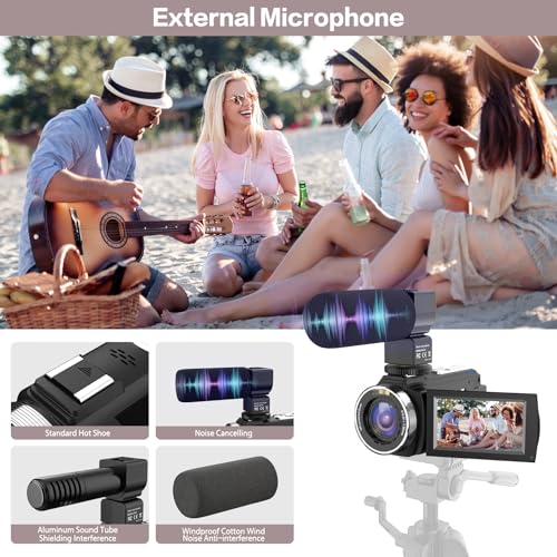 CUTELULY Video Camera Camcorder,HD 1080P 30FPS 36MP 270°Degree Rotation,16X Zoom Digital Camera, Night Vision Vlogging Camera for YouTube with External Microphone,Lens Hood, Remote Control, Stabilizer