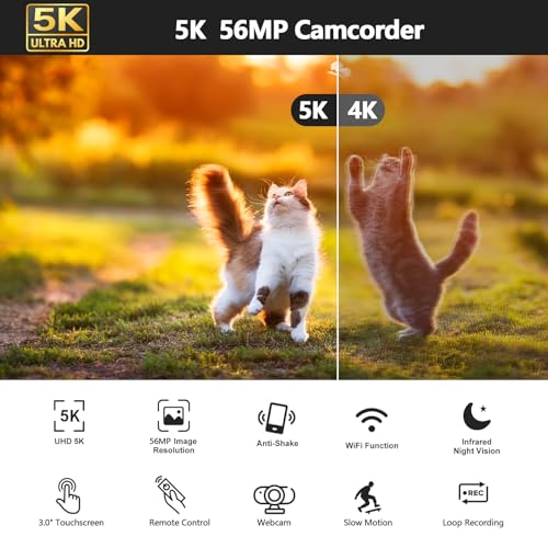 Camworld Video Camera Camcorder 5K 56MP Vlogging Camera YouTube WiFi Night Vision 3” 270° Rotatable Touchscreen Podcast Camera Recorder with 64GB SD Card, Microphone, Stabilizer, Remote, 2 Batteries, Tripod