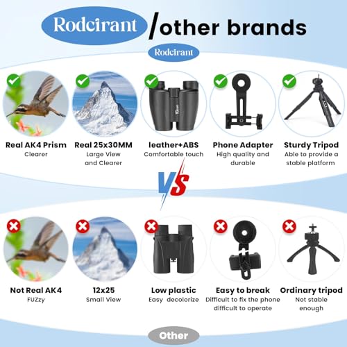 RODCIRANT 25X30 HD Binoculars for Adults with Universal Phone Adapter, Tripod, and Tripod Adapter - Large View, Super Bright, Waterproof - Ideal for Bird Watching, Hunting, Concerts, and More
