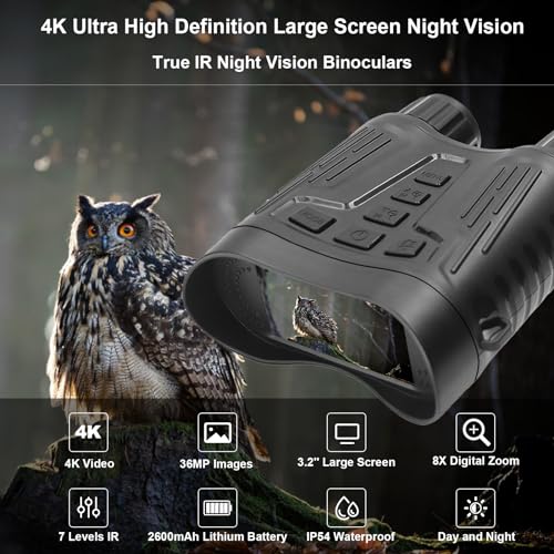 Fallmist 4K Night Vision Binoculars for Adults – HD Night Vision Goggles with 8X Digital Zoom, 3.2" Screen, and 32GB Memory Card for Hunting, Camping, & Security