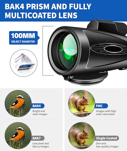 MD.LIFE 80x100 High Power Monocular Telescope with Smartphone Adapter Tripod, Larger Vision Monoculars for Adults with BAK4 Prism