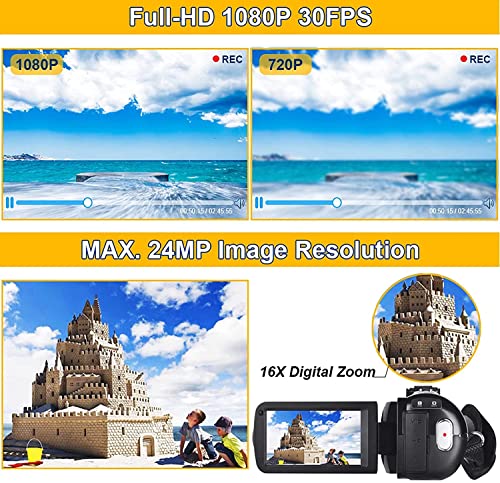 Seree Video Camera Camcorder Full HD 1080P 30FPS 24.0 MP IR Night Vision Vlogging Camera Recorder 3.0 Inch IPS Screen 16X Zoom Camcorders Camera Remote Control with 2 Batteries