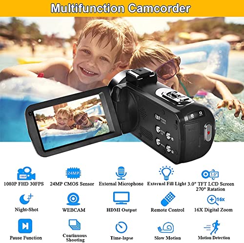 Seree Video Camera Camcorder Full HD 1080P 30FPS 24.0 MP IR Night Vision Vlogging Camera Recorder 3.0 Inch IPS Screen 16X Zoom Camcorders Camera Remote Control with 2 Batteries