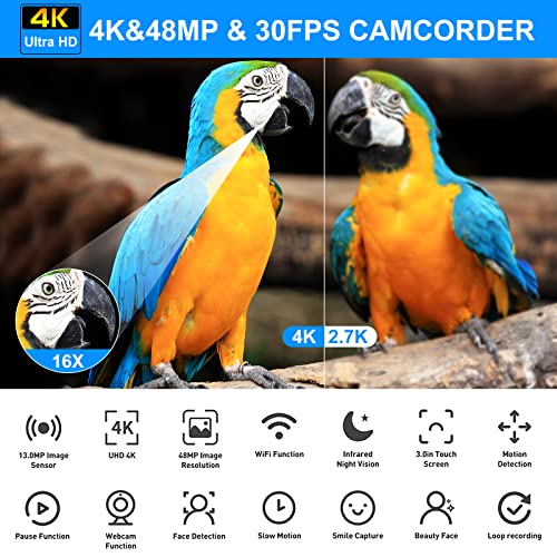 Zniaraki 4K Video Camera Camcorder 48MP UHD WiFi IR Night Vision Vlogging Camera for YouTube 16X Digital Zoom Touch Screen Camera Recorder with Microphone, Handheld Stabilizer, Lens Hood, Remote,2 Batteries