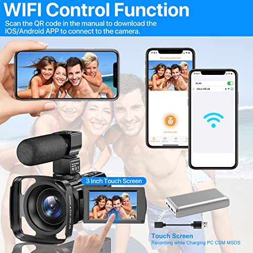 Zniaraki 4K Video Camera Camcorder 48MP UHD WiFi IR Night Vision Vlogging Camera for YouTube 16X Digital Zoom Touch Screen Camera Recorder with Microphone, Handheld Stabilizer, Lens Hood, Remote,2 Batteries