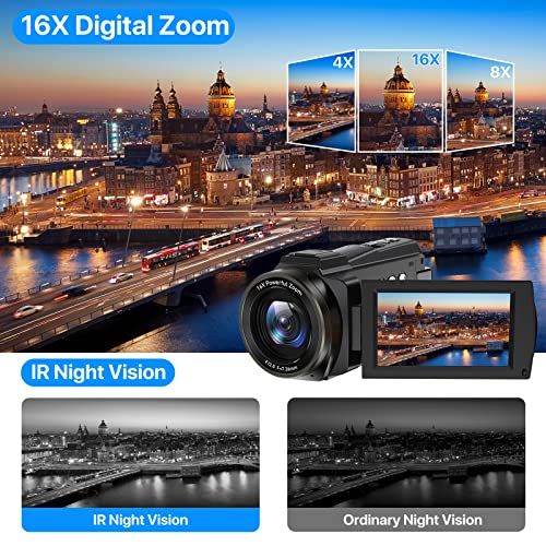 Zniaraki 4K Video Camera Camcorder 48MP UHD WiFi IR Night Vision Vlogging Camera for YouTube 16X Digital Zoom Touch Screen Camera Recorder with Microphone, Handheld Stabilizer, Lens Hood, Remote,2 Batteries