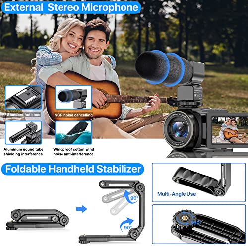 Zniaraki 4K Video Camera Camcorder 48MP UHD WiFi IR Night Vision Vlogging Camera for YouTube 16X Digital Zoom Touch Screen Camera Recorder with Microphone, Handheld Stabilizer, Lens Hood, Remote,2 Batteries