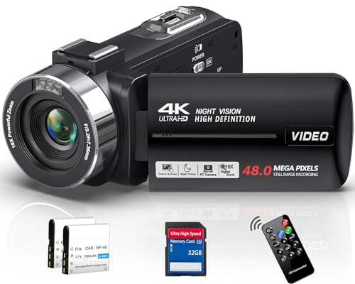 Delmodes 4K Video Camera Camcorder 48MP 30FPS with IR Night Vision,18X Digital Zoom Camera Recorder 3.0" LCD Touch Screen Vlogging Camera for YouTube with Remote Controller, 2 Batteries, 32GB SD Card