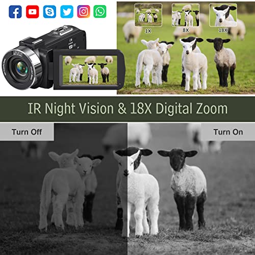 Delmodes 4K Video Camera Camcorder 48MP 30FPS with IR Night Vision,18X Digital Zoom Camera Recorder 3.0" LCD Touch Screen Vlogging Camera for YouTube with Remote Controller, 2 Batteries, 32GB SD Card