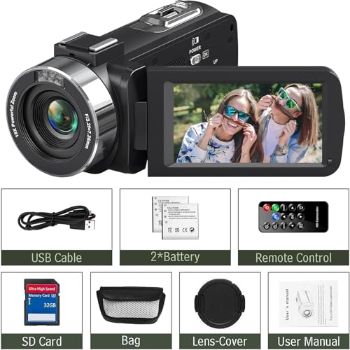 Delmodes 4K Video Camera Camcorder 48MP 30FPS with IR Night Vision,18X Digital Zoom Camera Recorder 3.0" LCD Touch Screen Vlogging Camera for YouTube with Remote Controller, 2 Batteries, 32GB SD Card