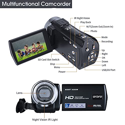 ORDRO Camcorders HDV-V12 HD 1080P Video Camera Recorder Infrared Night Vision Camera Camcorders with 16G SD Card and 2 Batteries