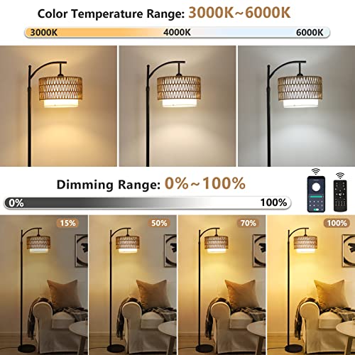 Boho Arc Floor Lamp with Remote Control & Dimmable Bulb