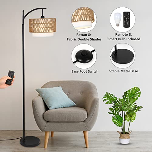 Boho Arc Floor Lamp with Remote Control & Dimmable Bulb