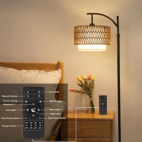 Boho Arc Floor Lamp with Remote Control & Dimmable Bulb