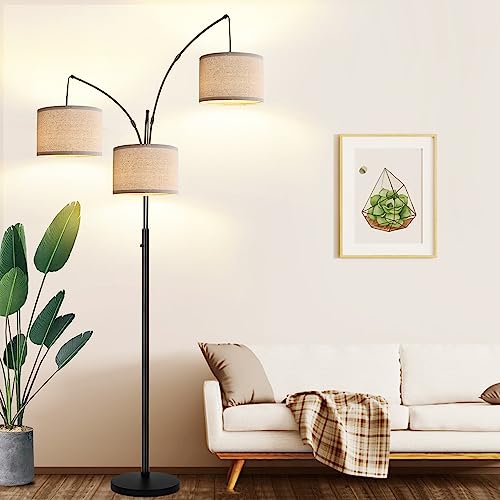 Modern 3-Light Arc Floor Lamp with Beige Shades