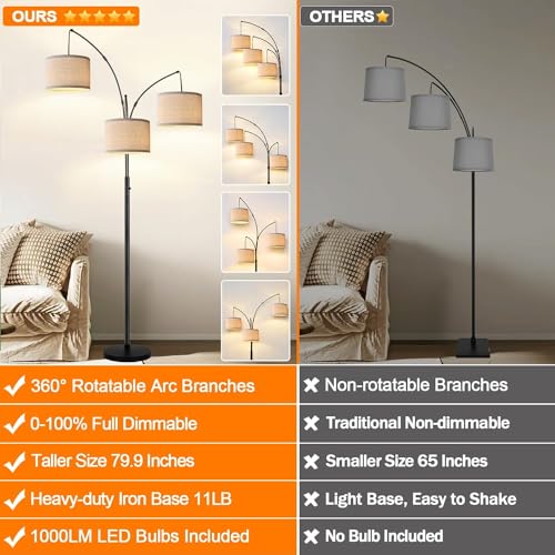 Modern 3-Light Arc Floor Lamp with Beige Shades