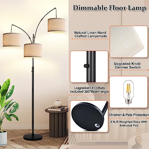 Modern 3-Light Arc Floor Lamp with Beige Shades