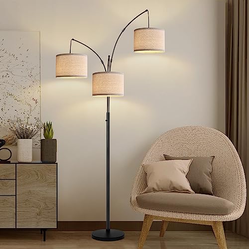 Modern 3-Light Arc Floor Lamp with Beige Shades