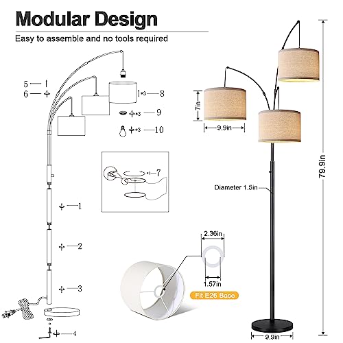 Modern 3-Light Arc Floor Lamp with Beige Shades