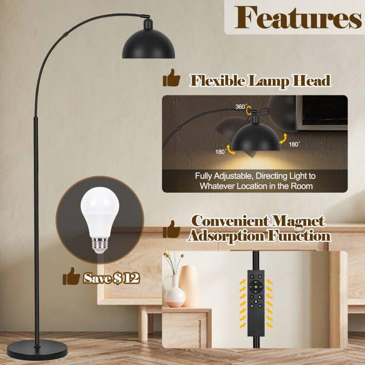 Modern Black Arc Floor Lamp with Remote-Controlled Dimming