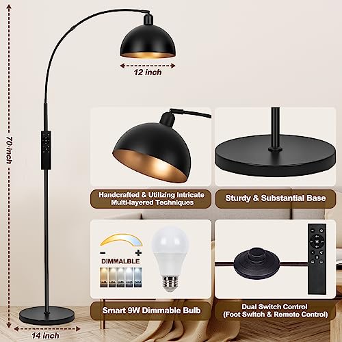Modern Black Arc Floor Lamp with Remote-Controlled Dimming