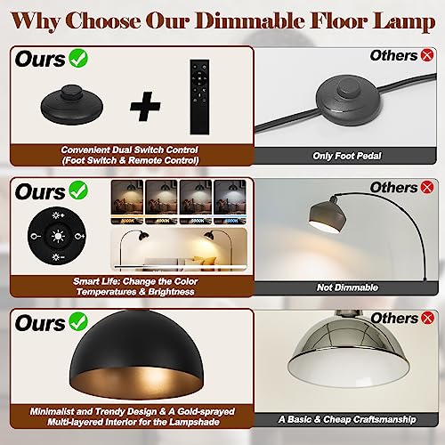 Modern Black Arc Floor Lamp with Remote-Controlled Dimming