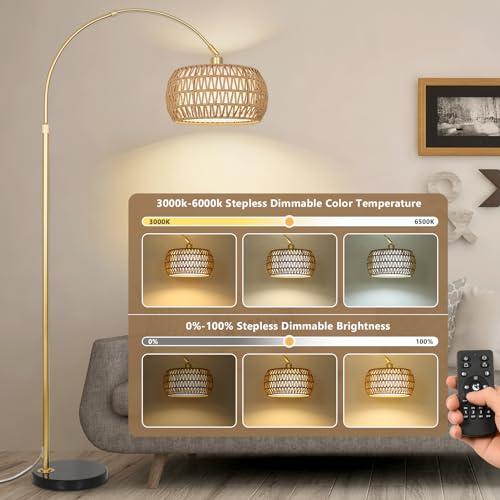 Adjustable Gold Arc Floor Lamp with Remote & Dimmable Bulb