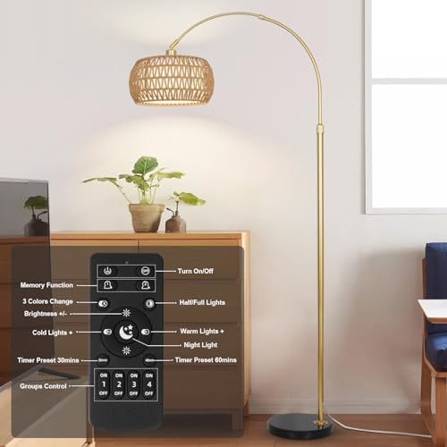 Adjustable Gold Arc Floor Lamp with Remote & Dimmable Bulb