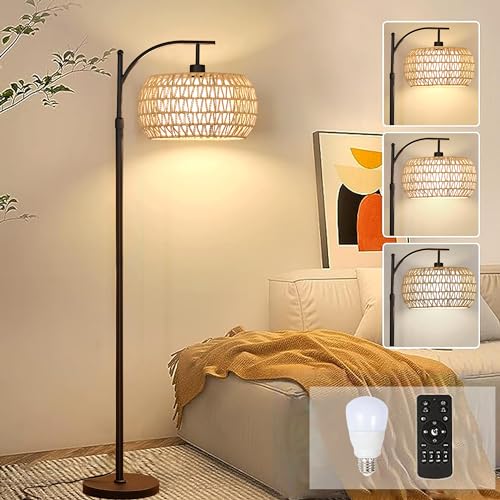 Rattan Boho Arc Floor Lamp with Remote Control