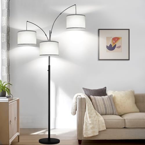 Modern Dimmable 3-Light Arc Floor Lamp with Gray Linen Shade
