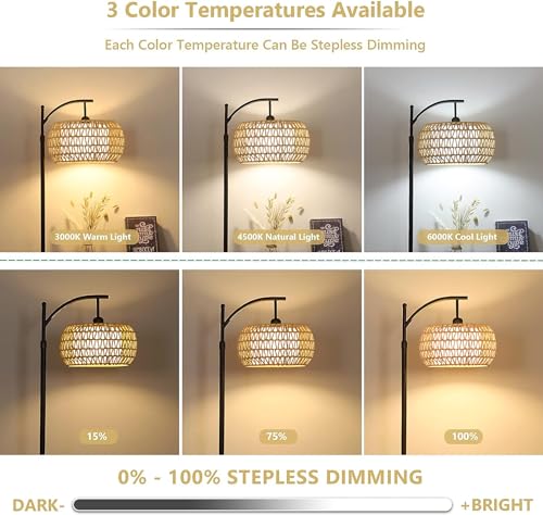 Rattan Boho Arc Floor Lamp with Remote Control