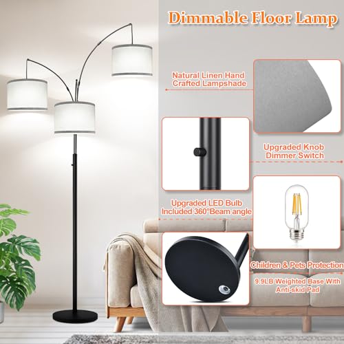 Modern Dimmable 3-Light Arc Floor Lamp with Gray Linen Shade