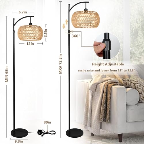Rattan Boho Arc Floor Lamp with Remote Control