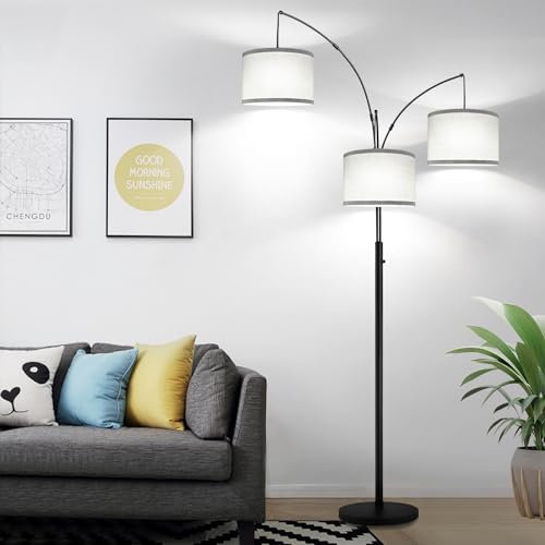 Modern Dimmable 3-Light Arc Floor Lamp with Gray Linen Shade
