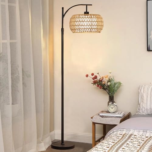 Rattan Boho Arc Floor Lamp with Remote Control