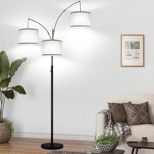 Modern Dimmable 3-Light Arc Floor Lamp with Gray Linen Shade