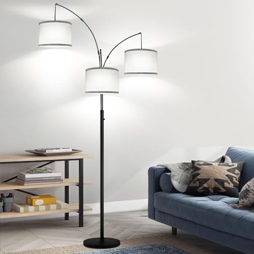 Modern Dimmable 3-Light Arc Floor Lamp with Gray Linen Shade