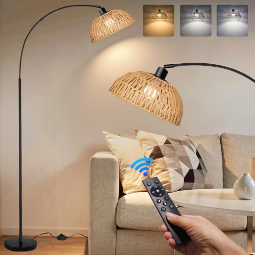 Boho Farmhouse Arc Floor Lamp, Remote Controlled