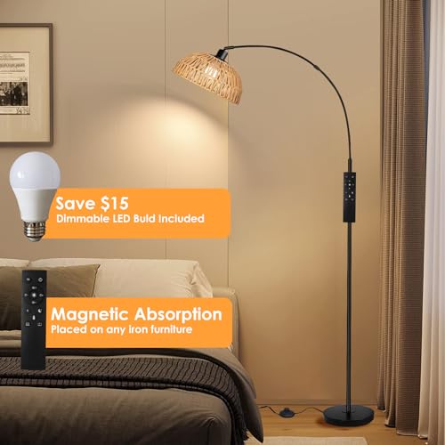 Boho Farmhouse Arc Floor Lamp, Remote Controlled