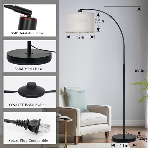 Modern Black Arc Floor Lamp with Adjustable Drum Lampshade