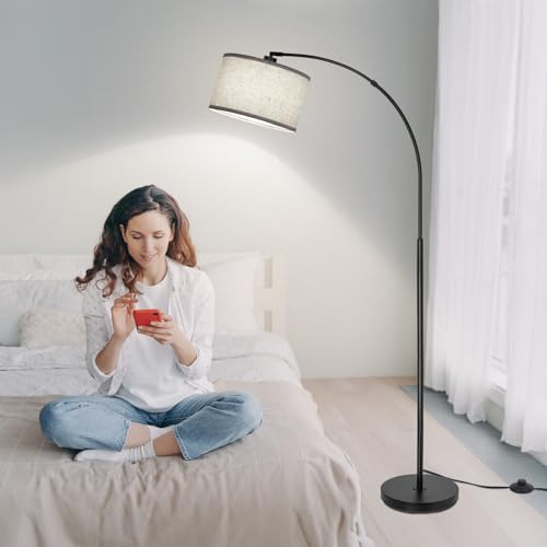 Modern Black Arc Floor Lamp with Adjustable Drum Lampshade